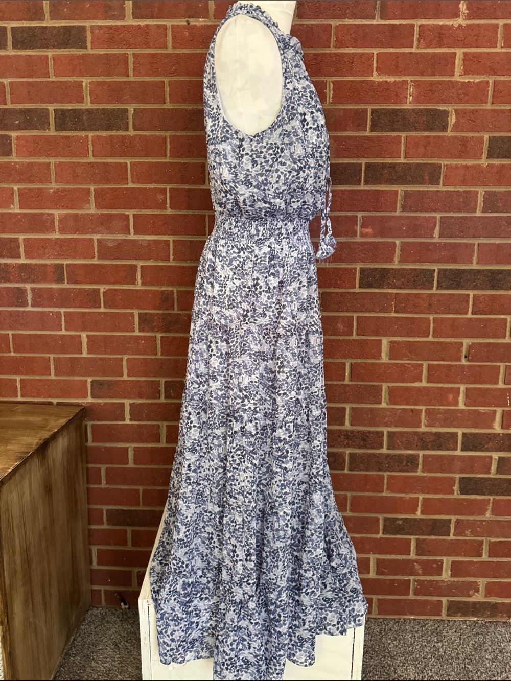 MSK Blue and White Floral Tiered Maxi Dress - Sleeveless Smocked Waist - Picture 5 of 10